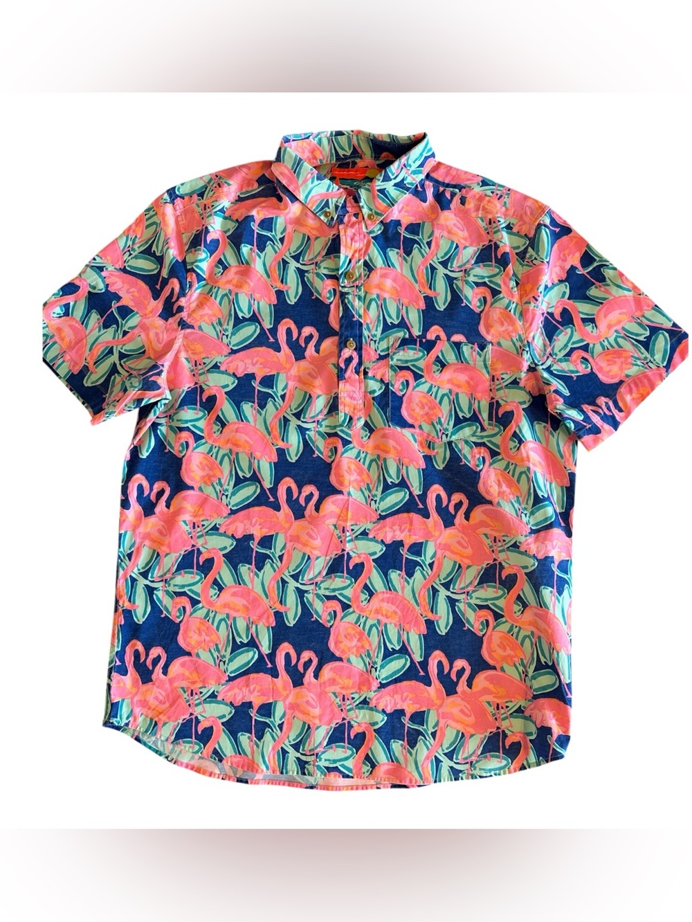 Chubbies “The Weekend Flamingo”Tropical Partial Button-Up Shirt in Pink & Navy